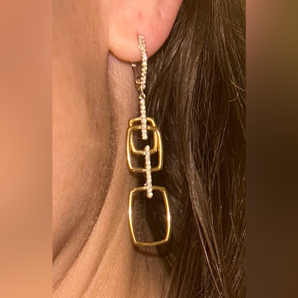 14k Gold and White Gold Double Square Diamond Drop Earrings - Women Jewelry - Picture 2 of 5
